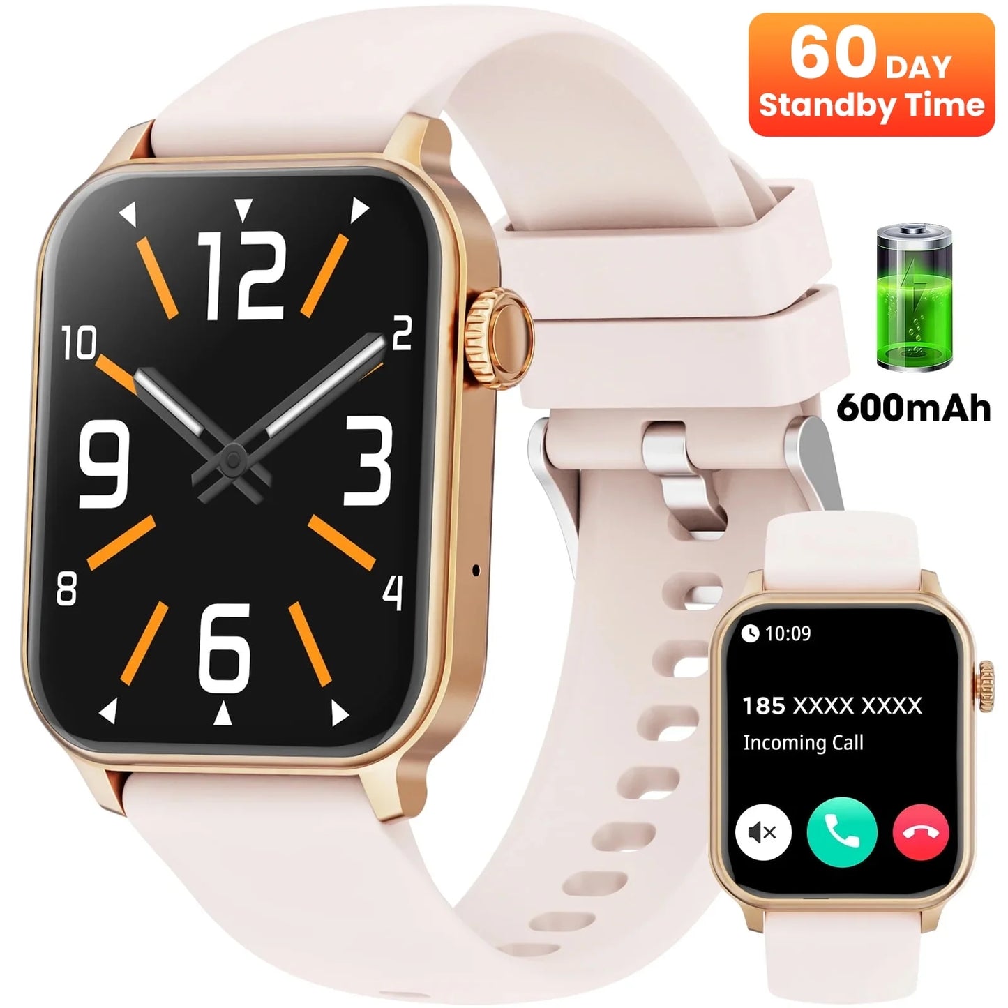 2025 New Extra Long Battery Smartwatch (Answer/Make Calls/600Mah/ 100+ Sport Modes), 1.85-Inch, with Activity Fitness Tracker, Fits for Android and Iphone Devices(Pink)